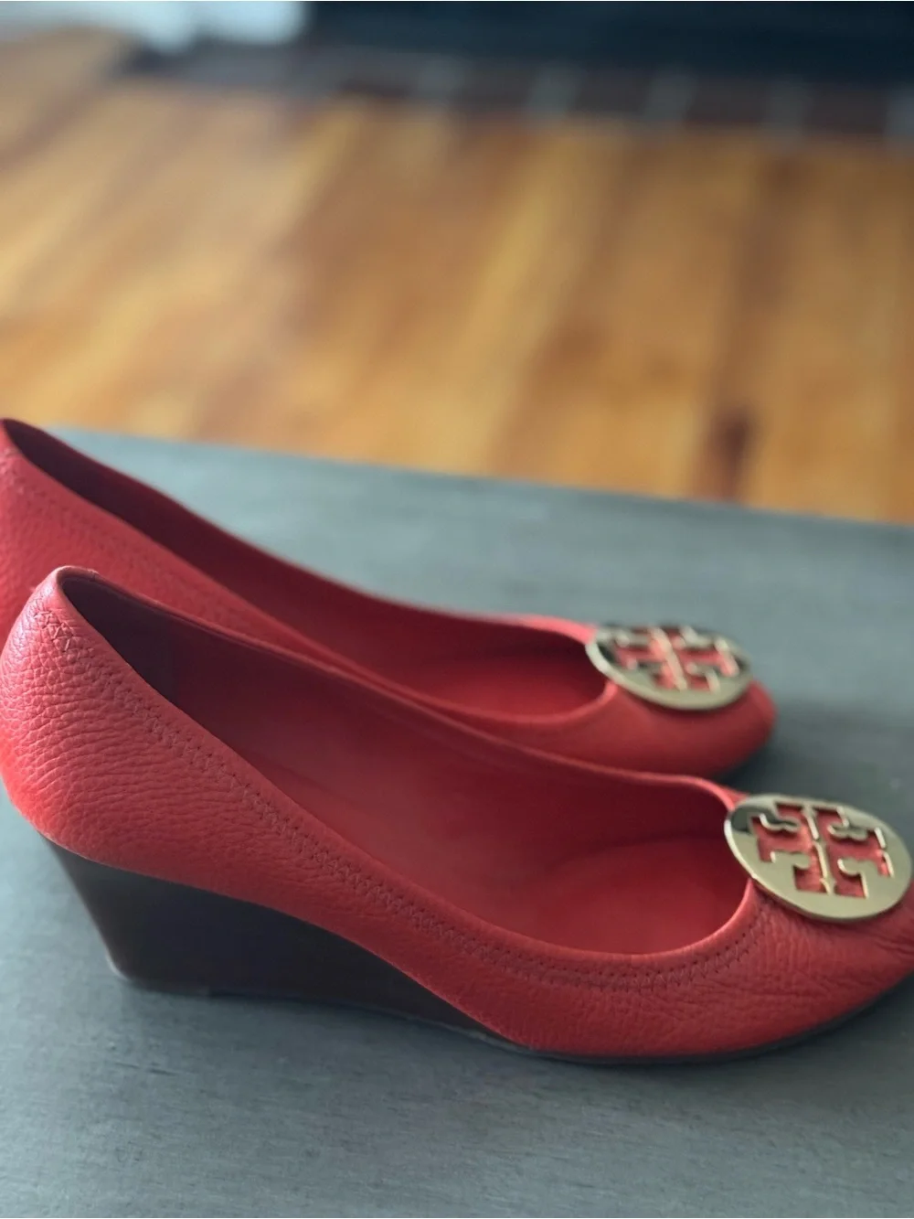 Tory Burch Coral-Red Leather Peep-Toe Wedge Pumps with Gold Logo